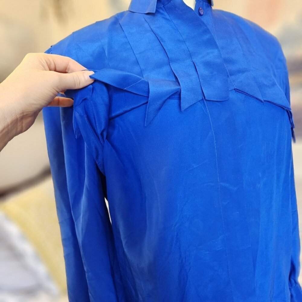 Francesca of Damon Royal Blue 100% SILK Pleated Blouse Vintage 80s 6 - Picture 7 of 16